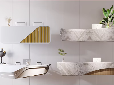 Modern White Reception Desk With Marble Texture Wooden Accents And Green Plants 3d model