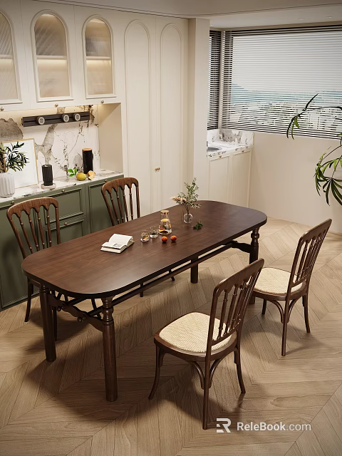 Dark Wooden Dining Table Set With Four Chairs Vase Book And Green Cabinets 3d model 