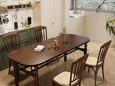 Dark Wooden Dining Table Set With Four Chairs Vase Book And Green Cabinets 3d model