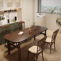 Dark Wooden Dining Table Set With Four Chairs Vase Book And Green Cabinets