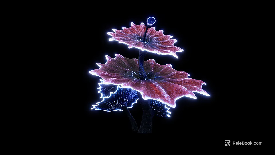 Glowing Decorative Plant Featuring Red And Blue Leaves With White Glowing Outline Against Black Background 3d model 