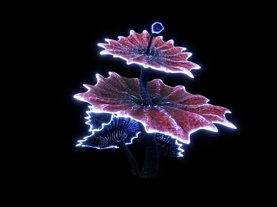 Glowing Decorative Plant Featuring Red And Blue Leaves With White Glowing Outline Against Black Background 3d model