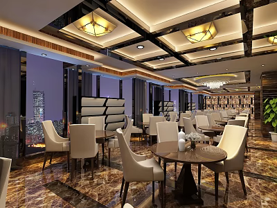 Elegant Hotel Public Lounge With Marble Flooring Round Tables White Chairs And City Night View 3d model