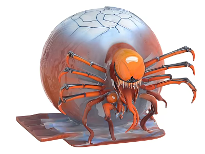 Orange Spider Like Creature With Cracked Sphere And Detailed Legs Design 3d model