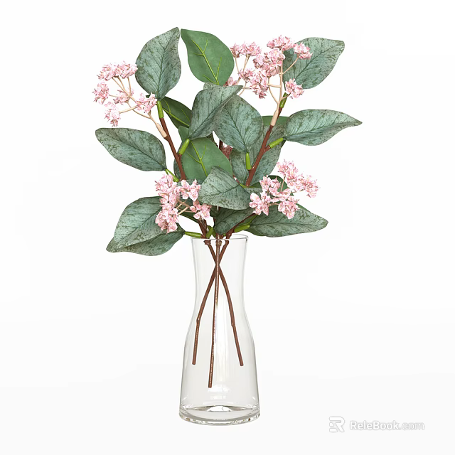 Transparent Glass Vase With Pink Small Flowers And Green Leaves For Home Decor 3d model 
