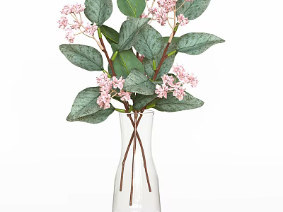 Transparent Glass Vase With Pink Small Flowers And Green Leaves For Home Decor 3d model
