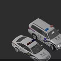 White Police Function Vehicles With Red Blue Emergency Lights And Police Badges
