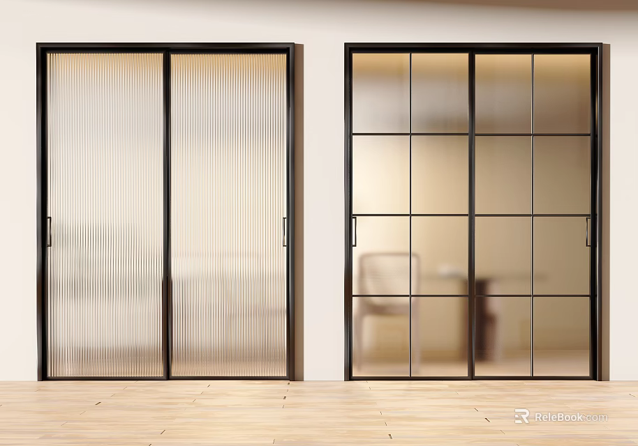 Interior Sliding Doors With Black Frames Ribbed And Grid Glass Design 3d model