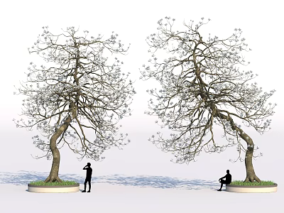 Blooming Trees With Curved Branches Featuring Standing And Seated People On Circular Base 3d model