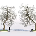Blooming Trees With Curved Branches Featuring Standing And Seated People On Circular Base