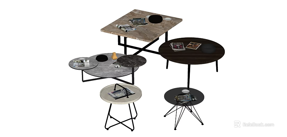 Modern Round Coffee Tables With Marble And Black Tabletops Metal Legs And Magazines 3d model 