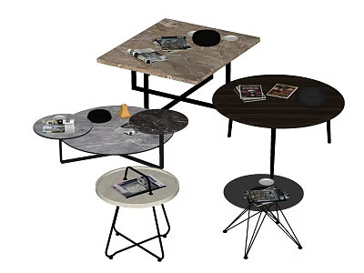 Modern Round Coffee Tables With Marble And Black Tabletops Metal Legs And Magazines 3d model