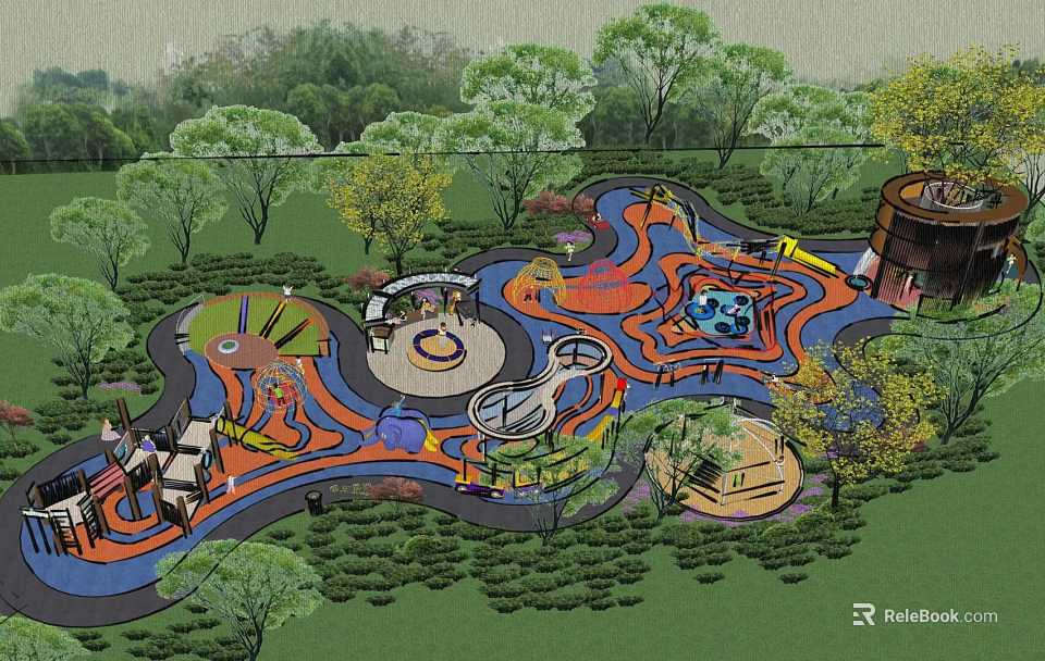 Vibrant Children's Play Area With Colorful Pathways Circular Structures Slides Surrounded By Green Trees 3d model 