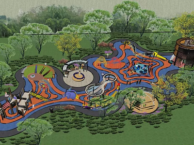 Vibrant Children's Play Area With Colorful Pathways Circular Structures Slides Surrounded By Green Trees 3d model