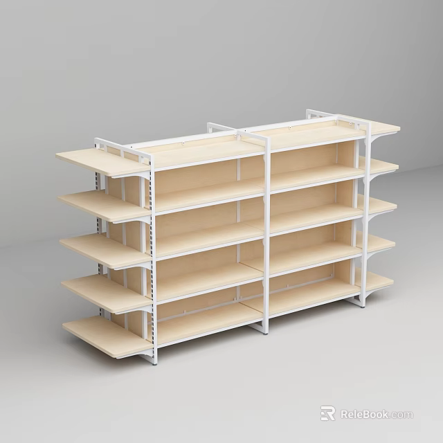 Convenience Store Multi Tier Wooden Shelves With White Frame And Storage Space 3d model 