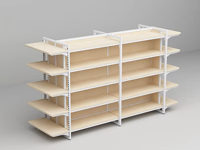 Convenience Store Multi Tier Wooden Shelves With White Frame And Storage Space 3d model