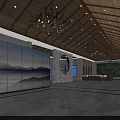 Elegant Store Front Desk In Lobby With Wooden Ceiling Chandeliers Sofa Seats And Windows