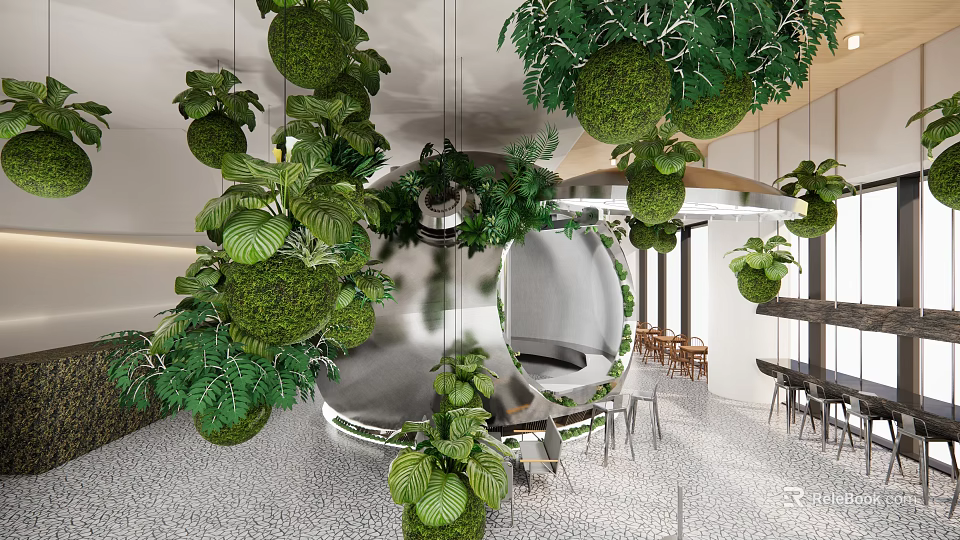 Lush Hanging Green Plants Decorated Café Interior With Foliage And Seating Area 3d model 
