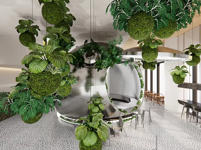Lush Hanging Green Plants Decorated Café Interior With Foliage And Seating Area 3d model