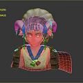 3D Character Head Model With Ram Horns Brown Hair And Red Cape Armor