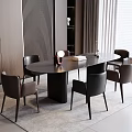Modern Minimalist Dining Table Set With Oval Top Black Legs And Six Dark Gray Chairs 3d model