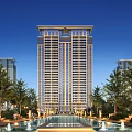 Modern Residential Building With Glass Curtain Walls Balconies Lighting And Urban Skyline