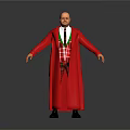 A Man In Red Long Coat With Plaid Vest And Green Tie Against Gray Background