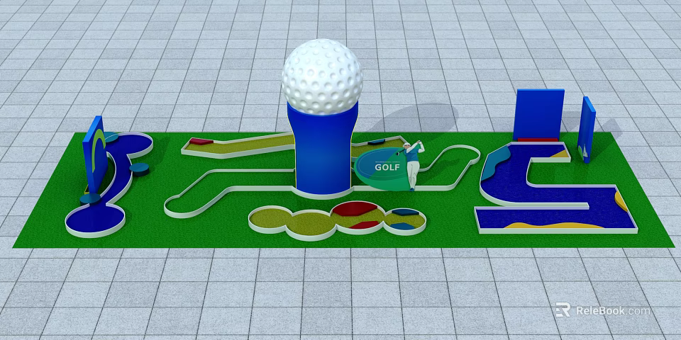 Interactive Area Mini Golf Course With Large Golf Ball Blue Tee And Colorful Paths 3d model 
