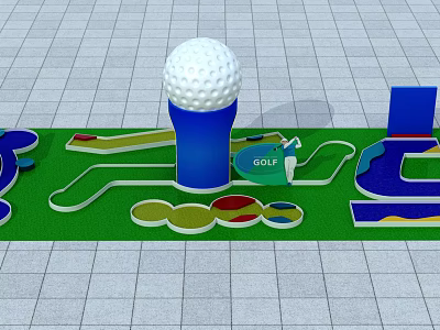 Interactive Area Mini Golf Course With Large Golf Ball Blue Tee And Colorful Paths 3d model