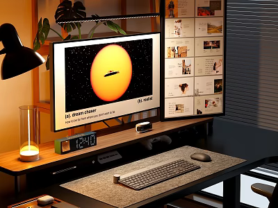 Home Office Desk Chair Set With Computer Monitor Keyboard Lamp And Photo Wall 3d model