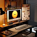 Home Office Desk Chair Set With Computer Monitor Keyboard Lamp And Photo Wall