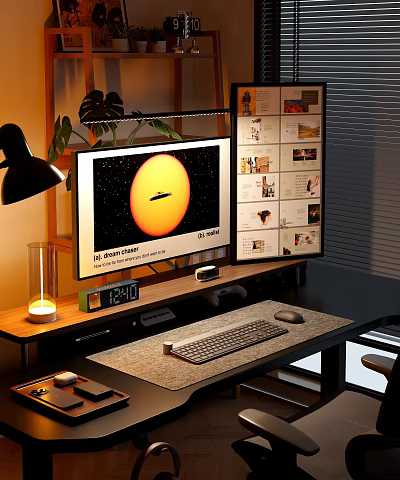 Home Office Desk Chair Set With Computer Monitor Keyboard Lamp And Photo Wall 3d model