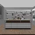 Modern Illuminated Display Shelves with White Frame Multiple Layers Wooden Counter Green Plants and Decorations