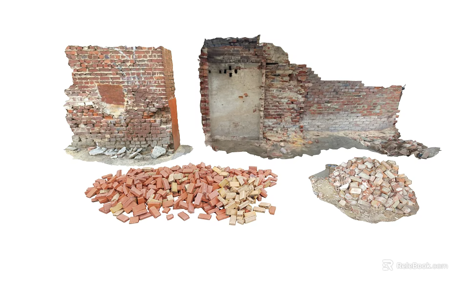 Damaged Building Exterior Wall With Broken Bricks And Scattered Debris 3d model