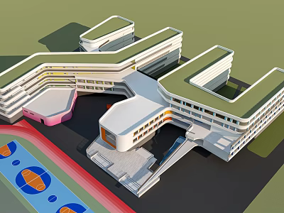 Modern School Building with Green Roof and Colorful Playground Featuring Basketball Court 3d model