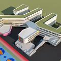 Modern School Building with Green Roof and Colorful Playground Featuring Basketball Court