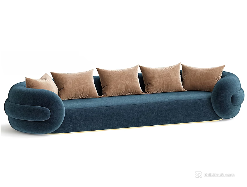 Navy Blue Velvet Multi Seat Sofa With Curved Arms And Brown Cushions 3d model 