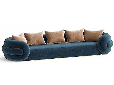 Navy Blue Velvet Multi Seat Sofa With Curved Arms And Brown Cushions 3d model