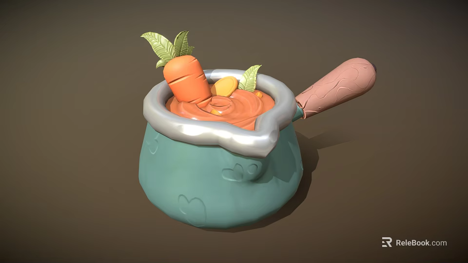 Cute Teal Cooking Pot With Pink Handle And Fresh Carrot Vegetables 3d model 