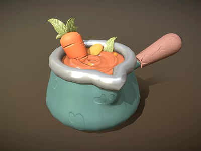 Cute Teal Cooking Pot With Pink Handle And Fresh Carrot Vegetables 3d model