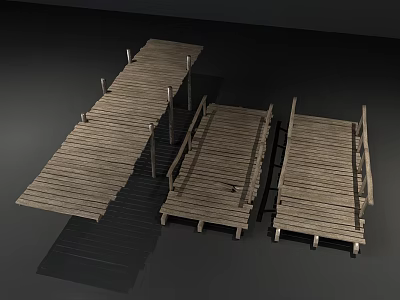 Multiple Wooden Bridge Structures With Planks Railings And Pier Design 3d model