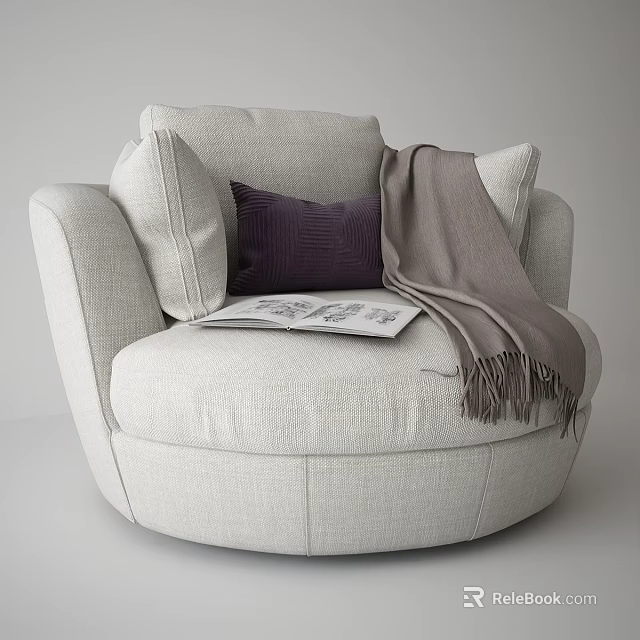 Comfortable Beige Single Sofa with Purple Pillow Gray Throw Blanket and Open Magazine 3d model 