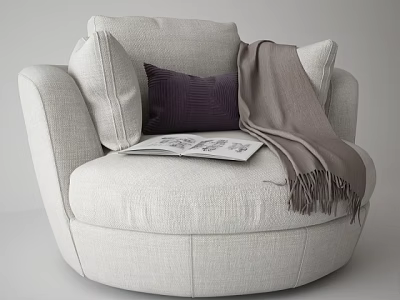 Comfortable Beige Single Sofa with Purple Pillow Gray Throw Blanket and Open Magazine 3d model