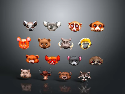 Various Cartoon Animal Heads With Different Colors Features And Unique Details 3d model