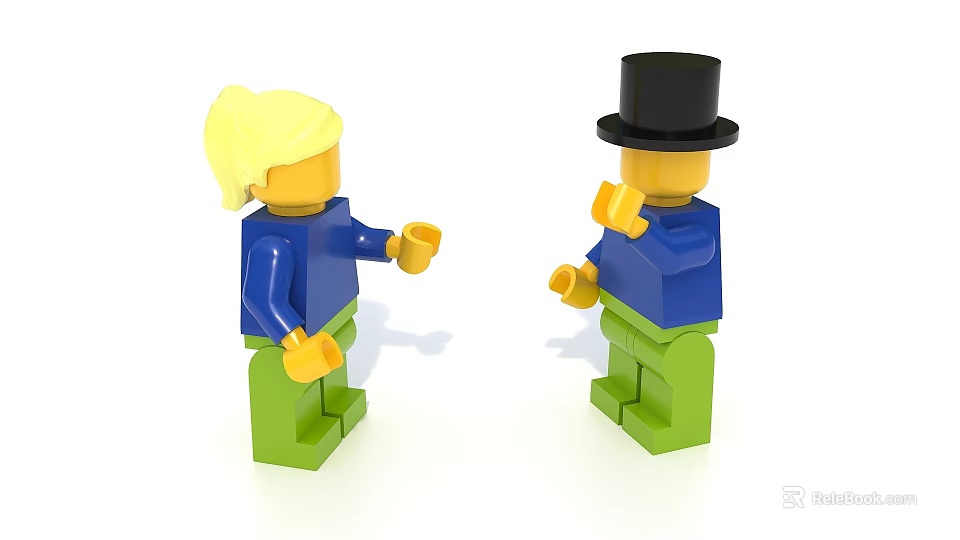 Colorful Building Blocks Figures With Blonde Hair Top Hat Blue Shirts Green Pants Holding Cups 3d model 