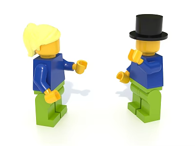 Colorful Building Blocks Figures With Blonde Hair Top Hat Blue Shirts Green Pants Holding Cups 3d model