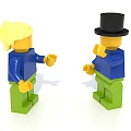 Colorful Building Blocks Figures With Blonde Hair Top Hat Blue Shirts Green Pants Holding Cups