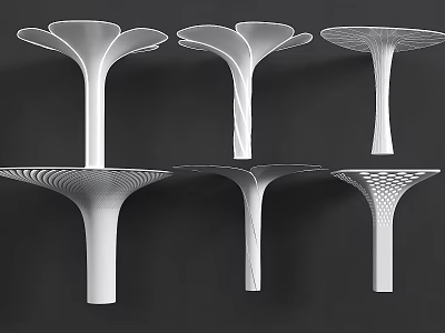 Six White Modern Columns Featuring Unique Top Shapes And Textured Patterns 3d model