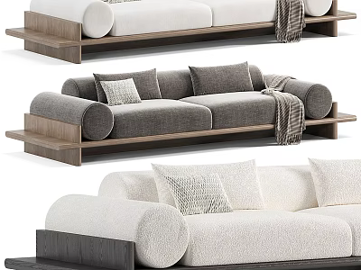 White And Gray Sectional Sofa With Wooden Base Decorative Pillows And Throw Blanket 3d model