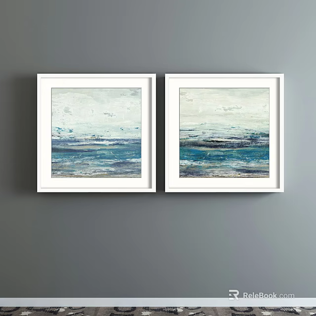 Two White Framed Abstract Ocean Paintings With Blue Waves On Gray Wall 3d model